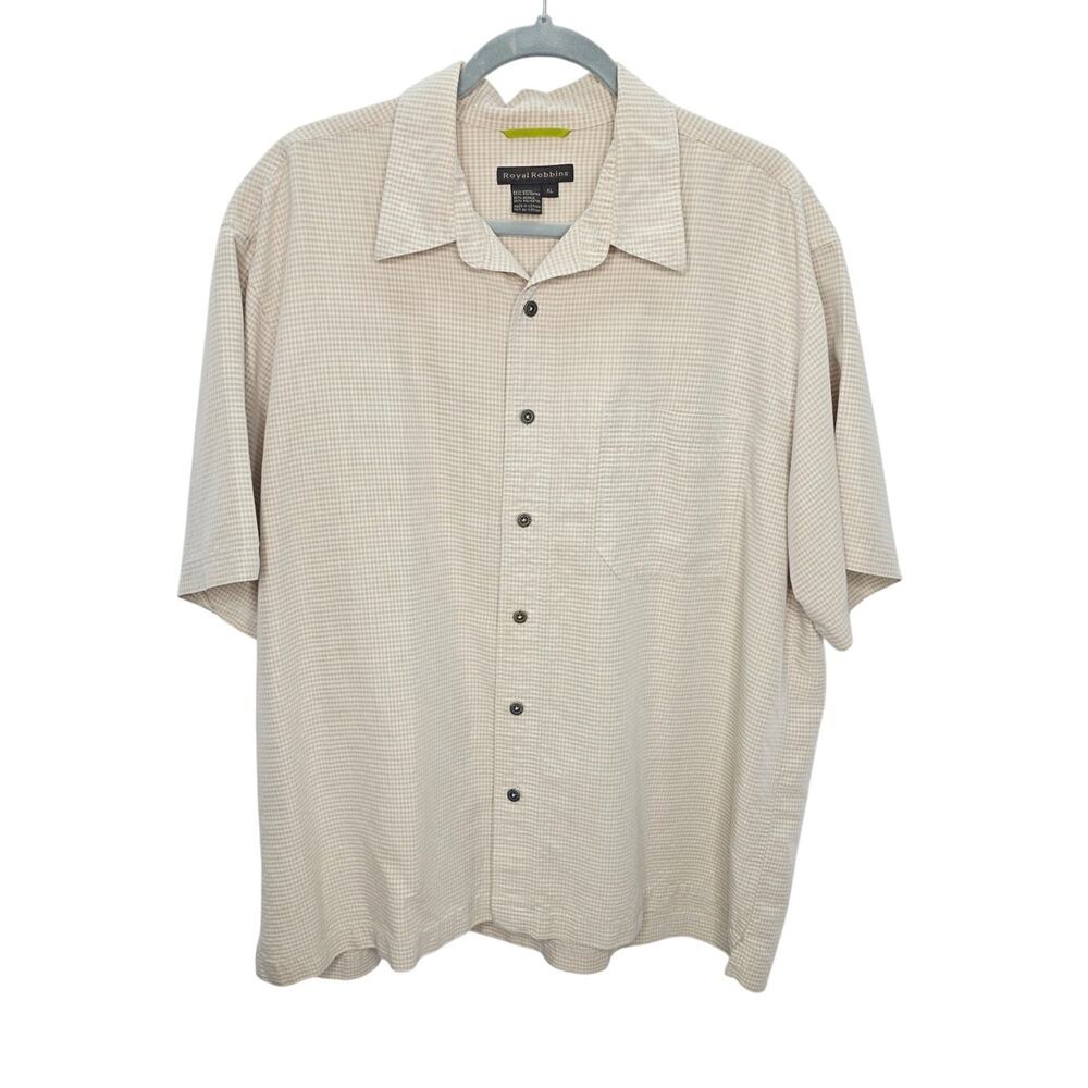 Royal Robbins Men’s Size XL Hiking Camping Travel Button Front Shirt Beige Check